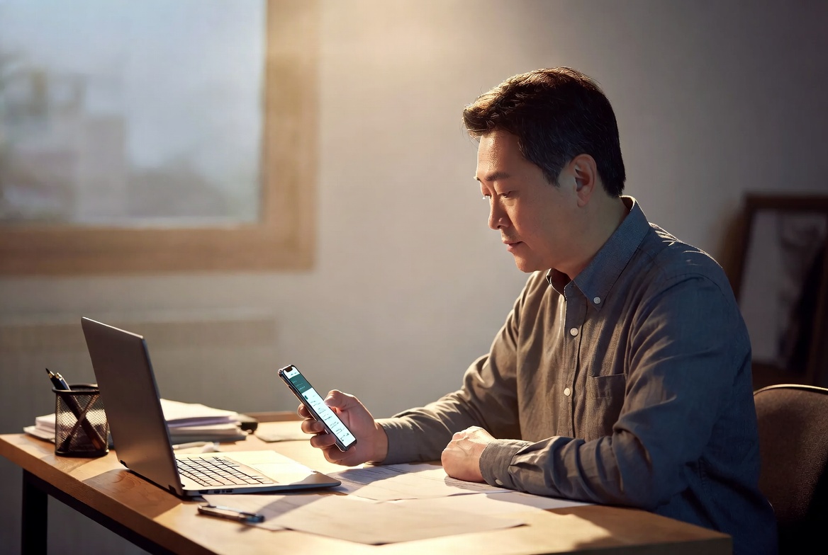 가정집 서재에서 스마트폰으로 은행 앱의 대환대출 금리를 비교 중인 40대 남성