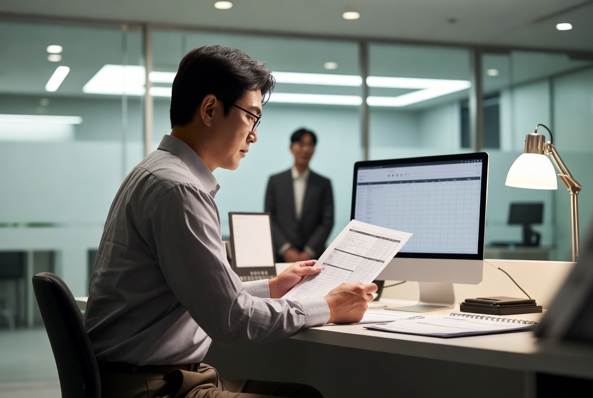 금융기관 상담 창구에서 생명보험 증권을 검토하며 절세 방안을 논의하는 장면