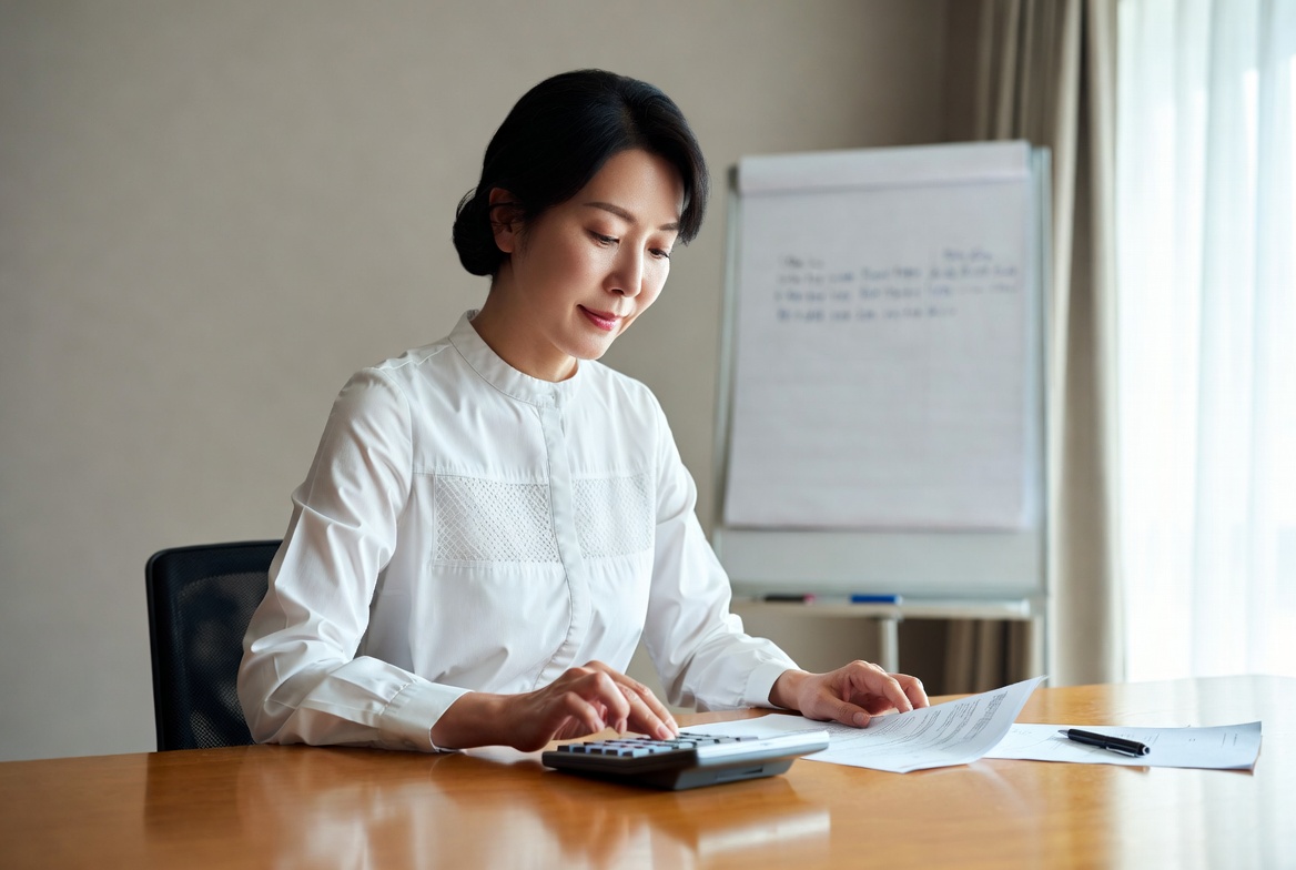회의실에서 중년 여성이 서류를 검토하며 계산기를 두드리는 모습