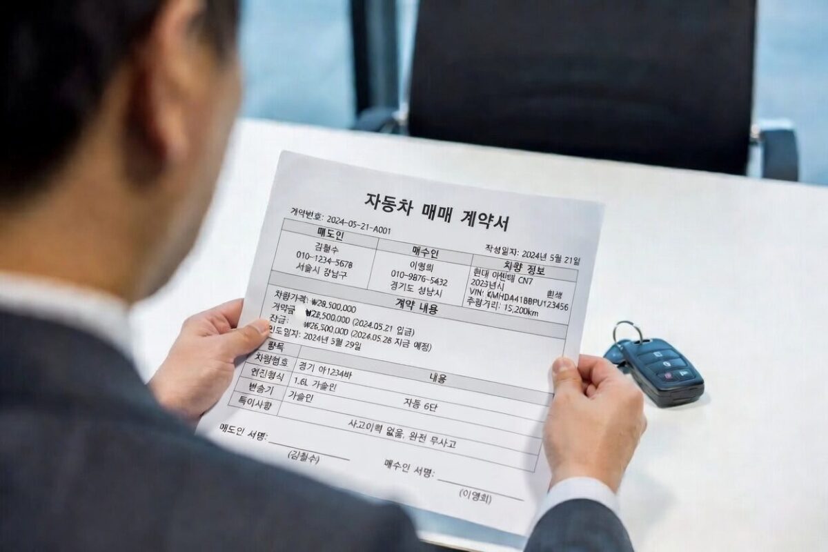 오피스 라운지에서 직원의 자가운전보조금 관련 증빙 서류를 검토하는 모습