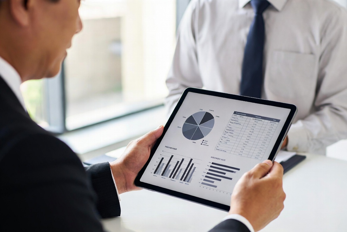 전문 세무사와 사업자가 태블릿으로 차량 리스 비용 처리 한도와 운행기록부 데이터를 검토하는 모습