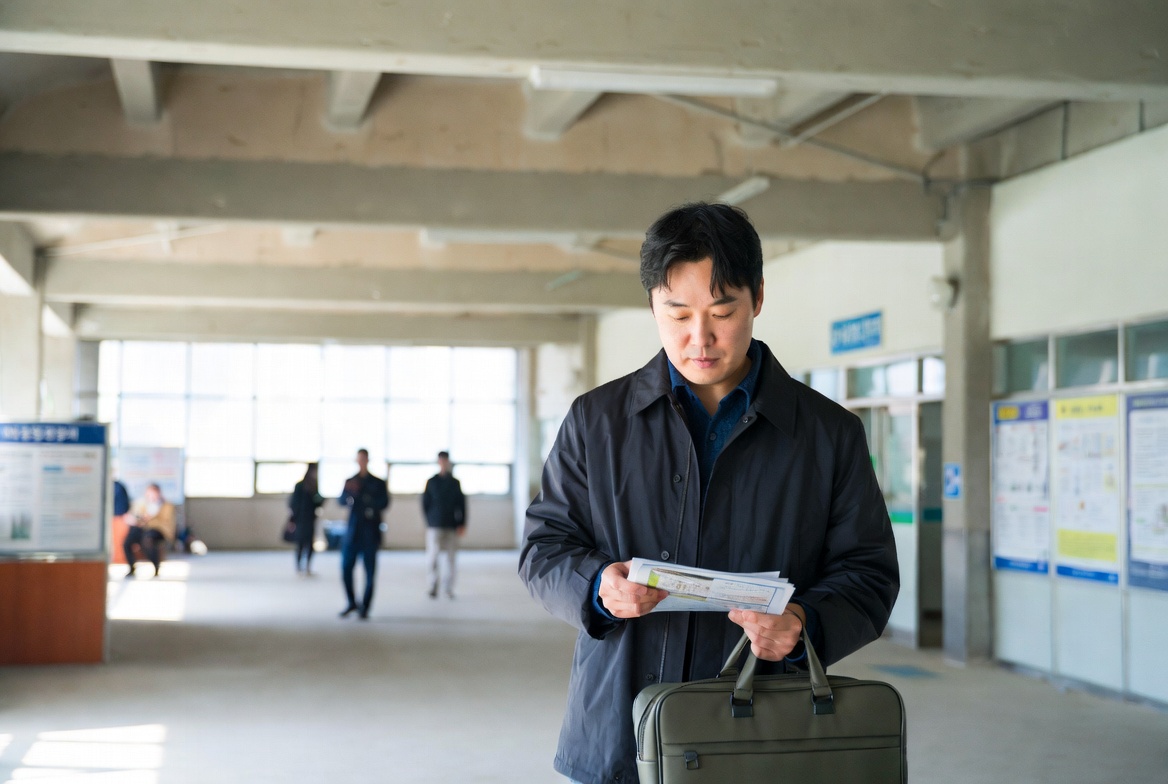 관공서 로비에서 중년 남성이 서류 가방을 들고 서 있는 모습