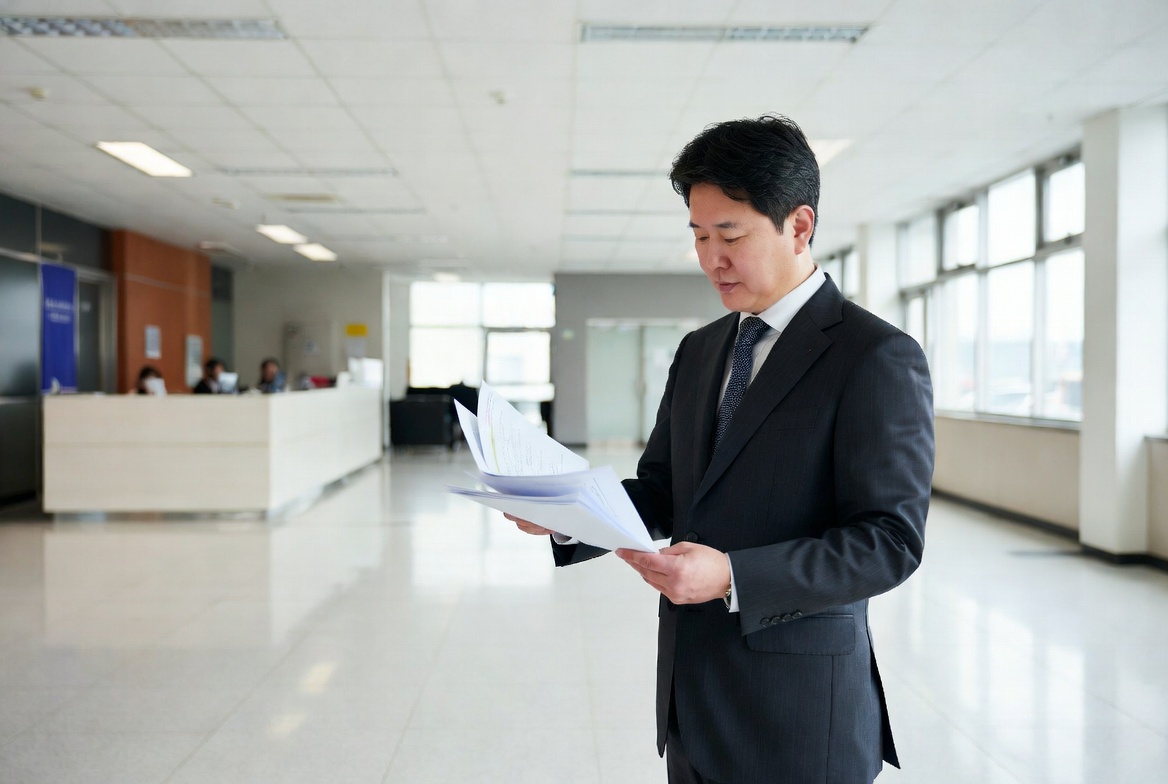 관공서에서 폐업 신고 및 세무 검증 서류를 확인하는 모습