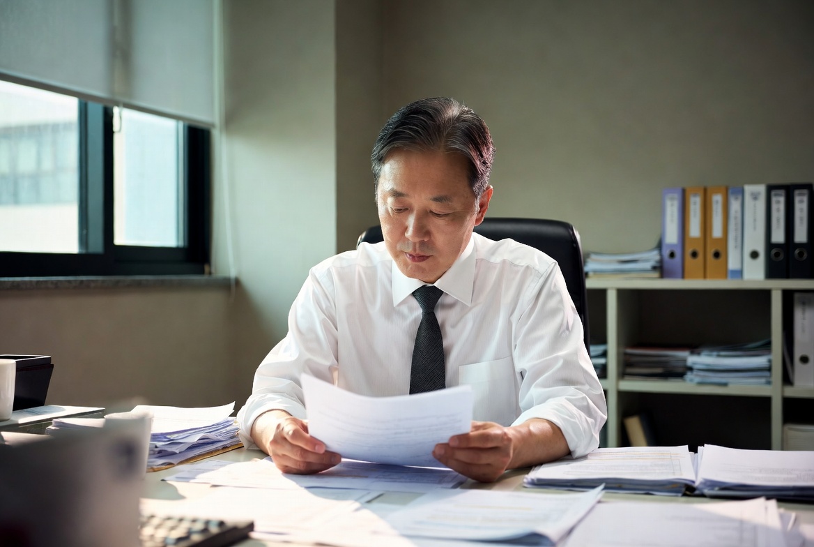 사무실 책상 위에 놓인 퇴직연금 제도 안내서와 금융 기관 서류철