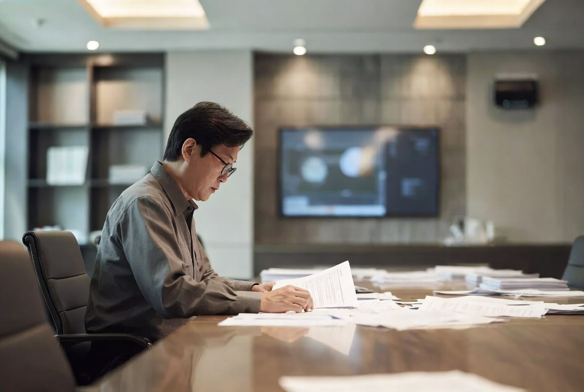법률 사무소 회의실에서 상속 전문 서류를 검토하며 유류분 방어 전략을 논의하는 모습