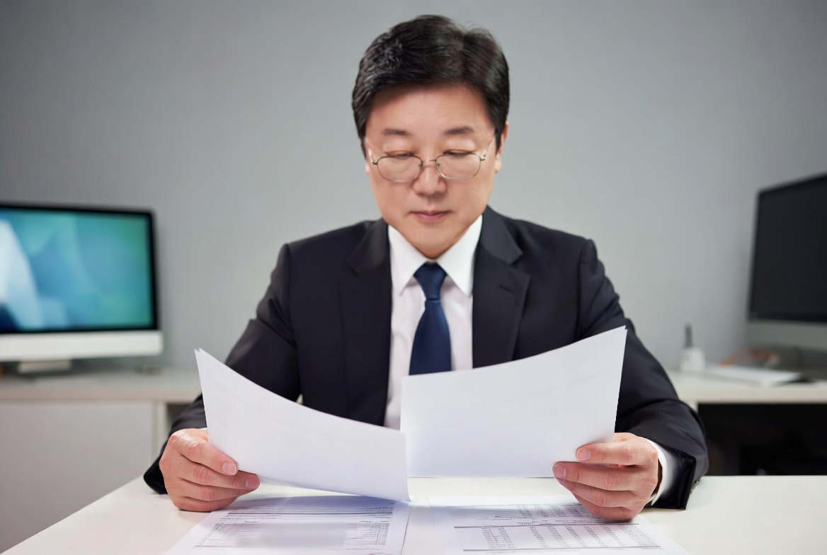 오피스에서 세무대리인이 재무상태표의 미처분이익잉여금 잔액과 비상장주식 가치 평가액 상승 곡선을 분석하는 모습