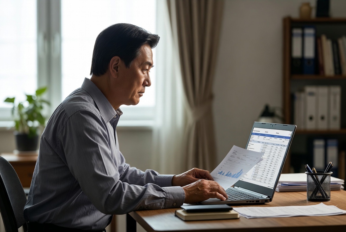 자택 서재에서 노트북을 이용해 해외주식 거래 내역과 연간 손익 통산 내역을 점검하는 모습