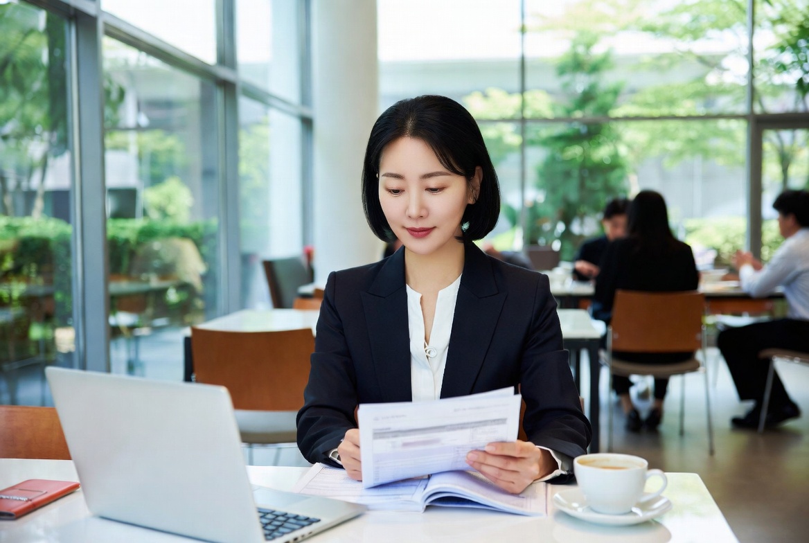 세무사 사무실에서 프리랜서의 종합소득세 신고 자료 및 사업용 계좌 내역을 검토하는 모습