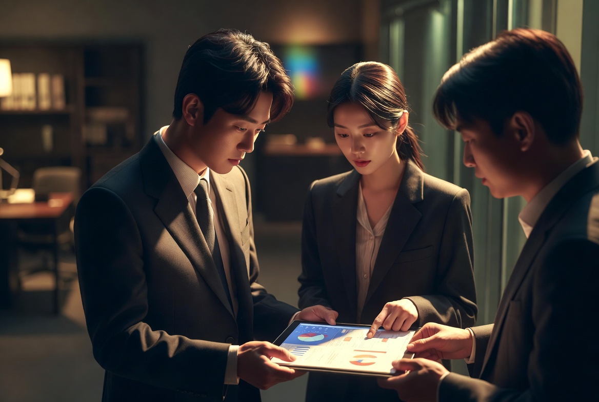 전문 세무 컨설턴트와 함께 국세청의 빅데이터 분석 소명 자료를 태블릿으로 검토하는 모습