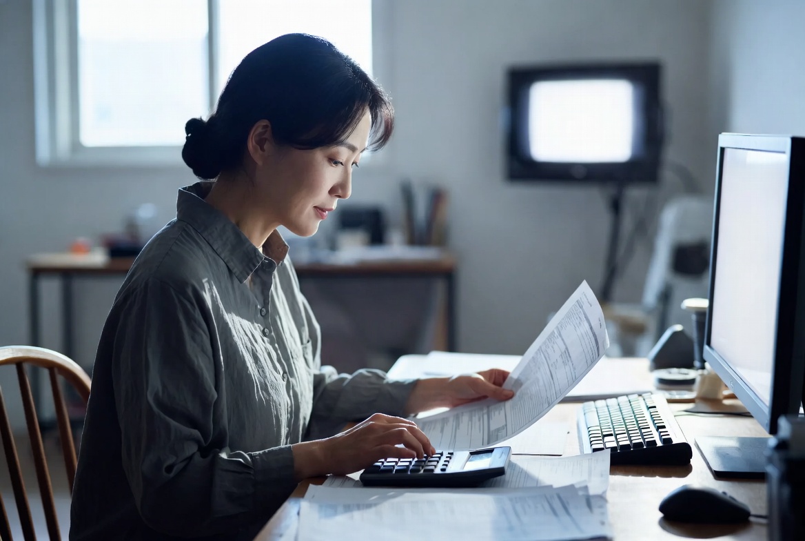 증여세 신고 서류와 계산기를 놓고 자금 계획을 검토하는 장면