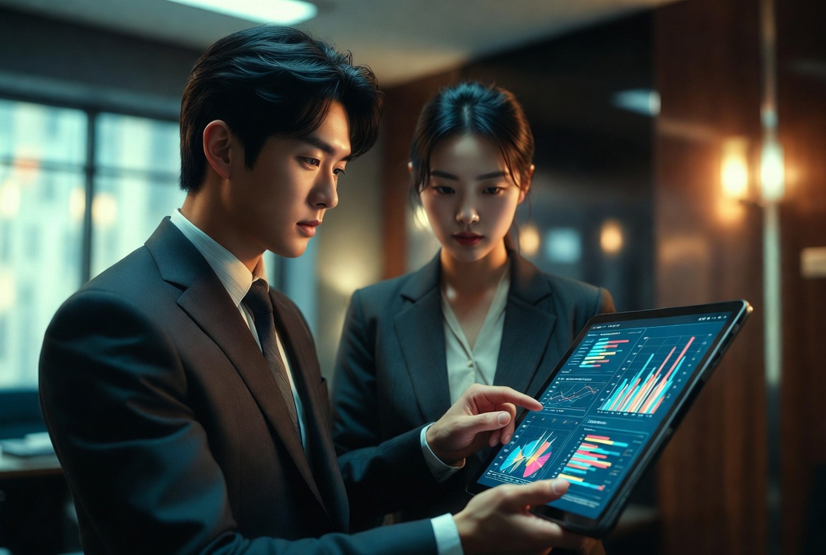 개인사업자가 책상에서 태블릿으로 차량 운행일지 엑셀 데이터와 세금계산서를 대조하며 세무 점검을 하는 모습