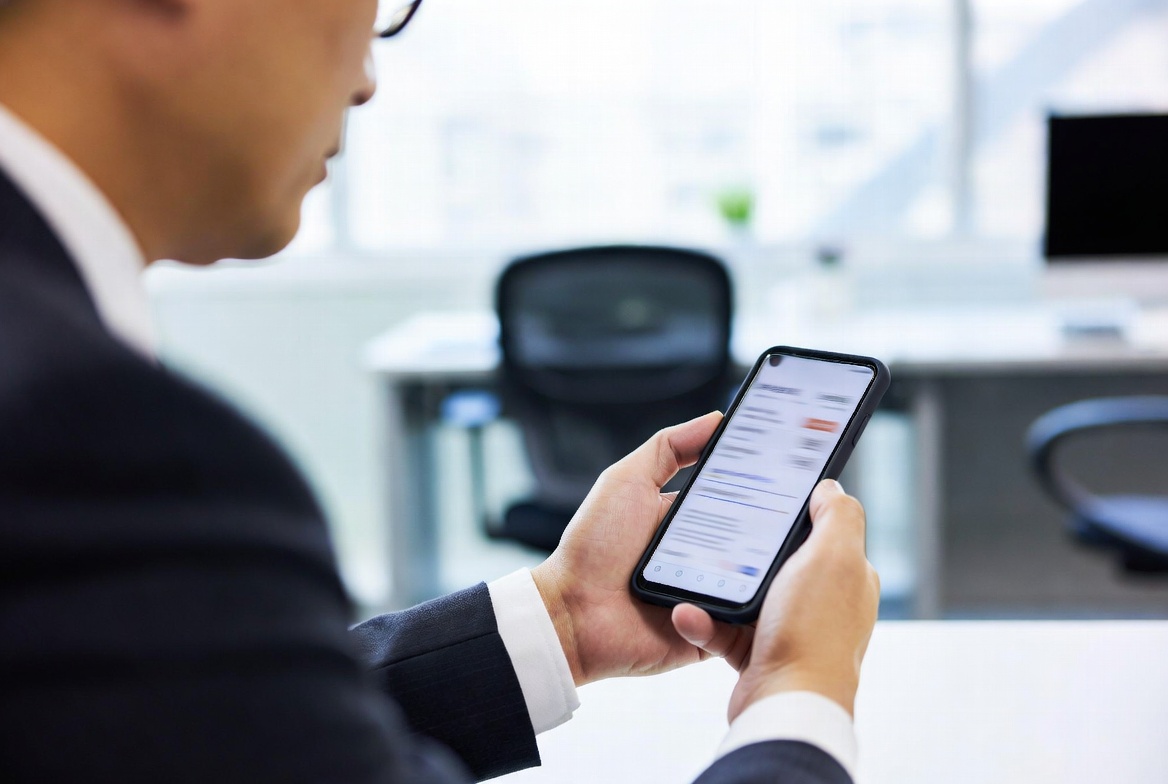 오피스에서 스마트폰 뱅킹 내역과 자산 이전 증빙 서류를 검토하는 모습