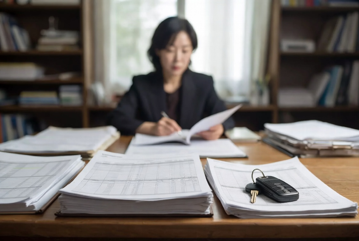 서재에서 법인 차량 관리 대장과 관련 지출 증빙 서류를 정돈하여 검토하는 모습