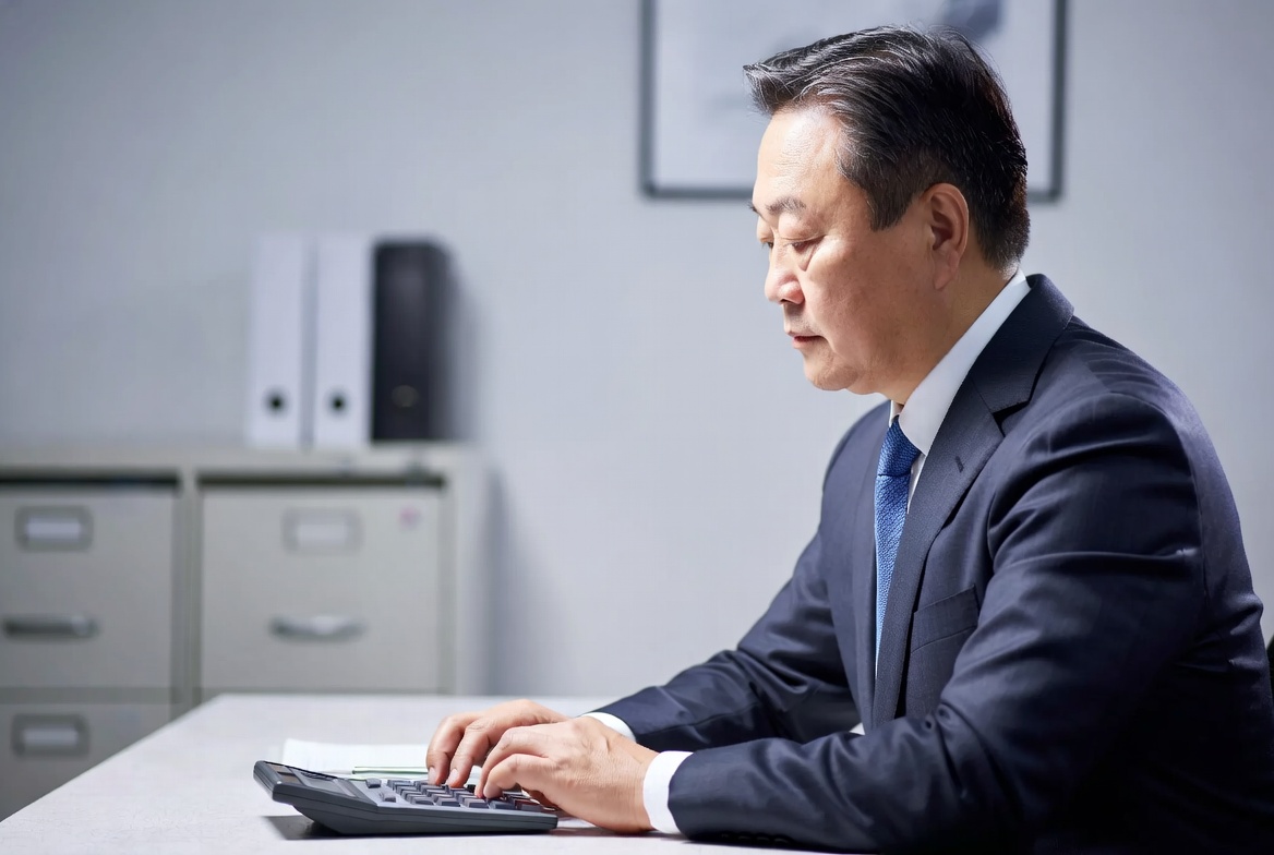 금융기관 창구에서 차량 감가상각비 명세서와 이월액 계산표를 점검하는 모습