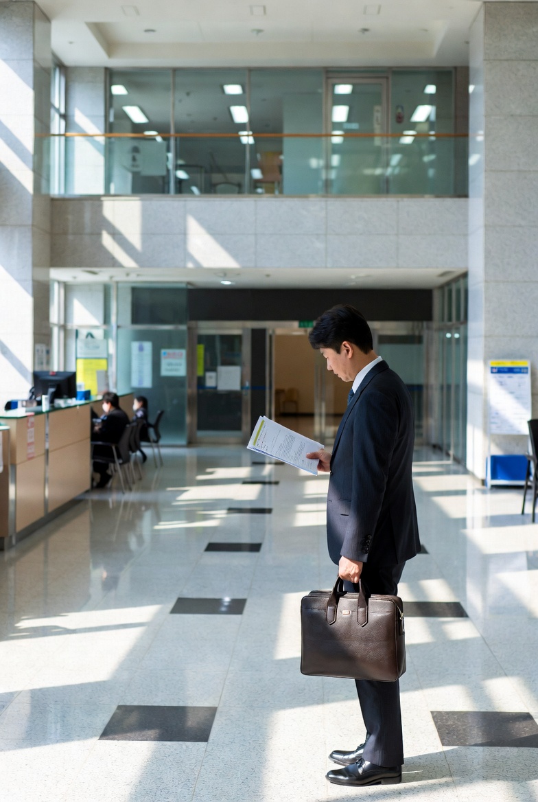 관공서 로비에서 분양권 전매 제한 예외 승인을 위한 관련 법령 서류를 검토하는 모습