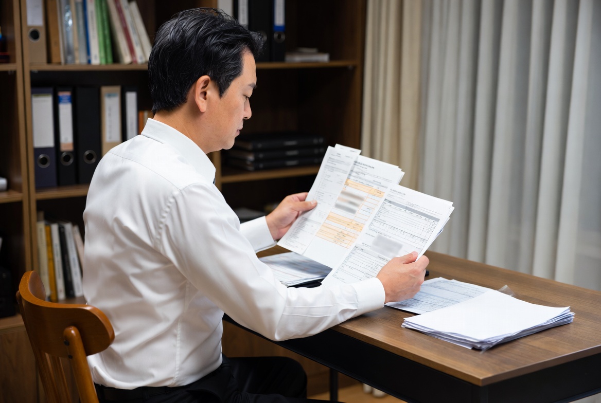 서재에서 법인카드 유류비 지출 영수증과 운행기록부 내역을 꼼꼼히 대조하는 모습