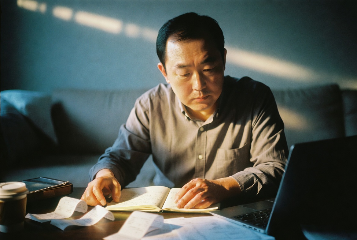 가정의 거실 테이블에서 중년 남성이 수기 가계부와 노트북을 펼쳐두고 절세 계좌 및 월 지출을 분석하는 모습