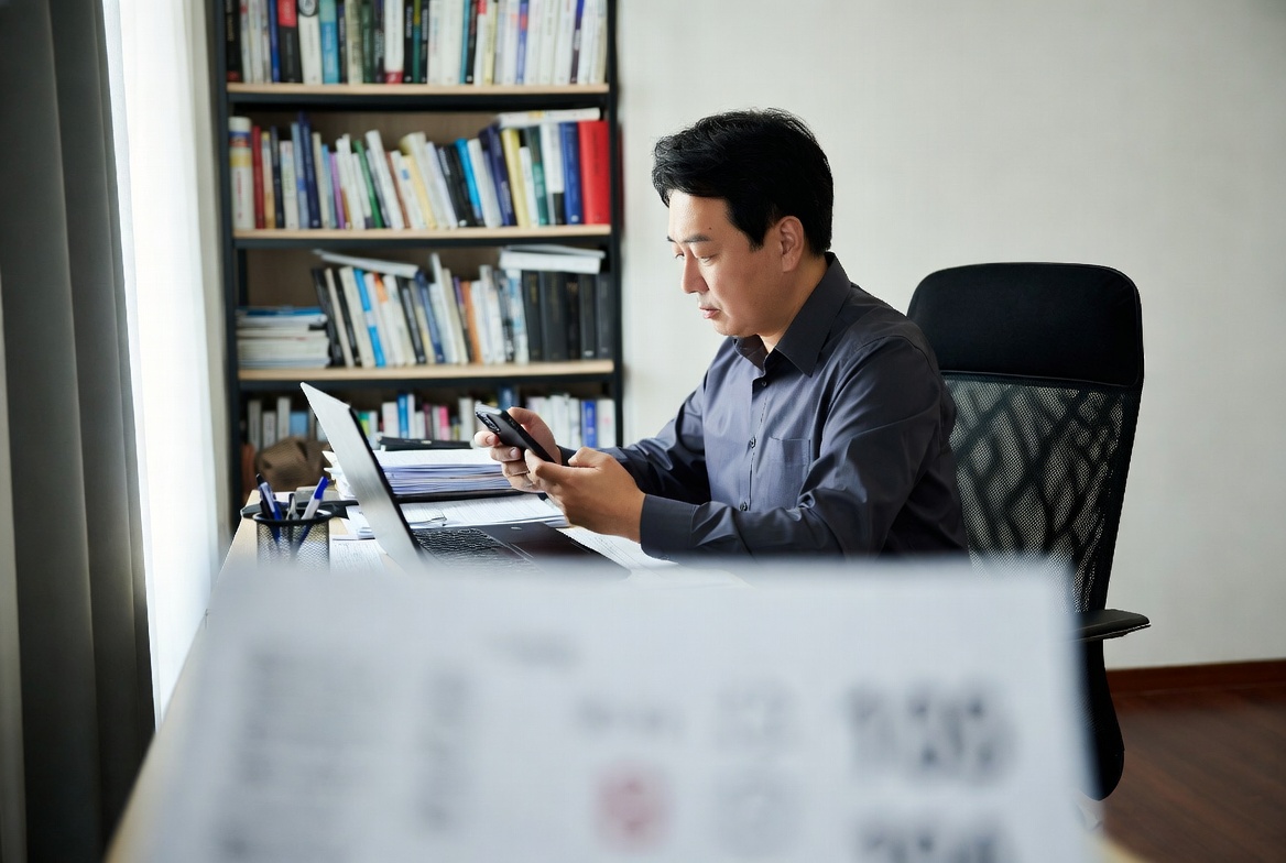 가정집 서재에서 스마트폰과 노트북으로 대출 금리 인하 요건을 확인하는 40대 남성