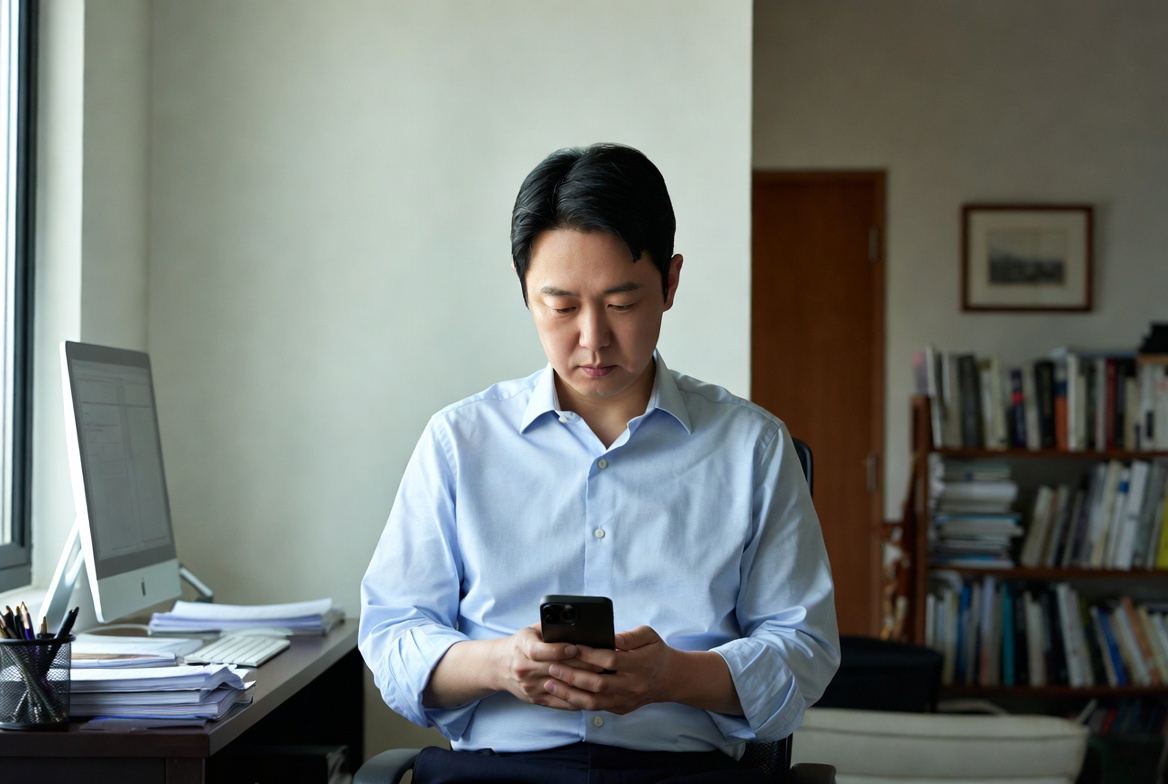 45~55세 한국 남성이 서재에서 상속세 재원 마련 및 차명재산 자진 신고 소명 전략을 세무사와 논의하는 모습