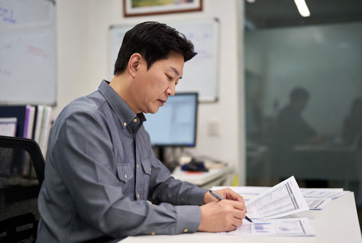 세무사 사무실에서 부동산 양도 및 증여 관련 서류를 펜으로 짚어가며 검토하는 모습