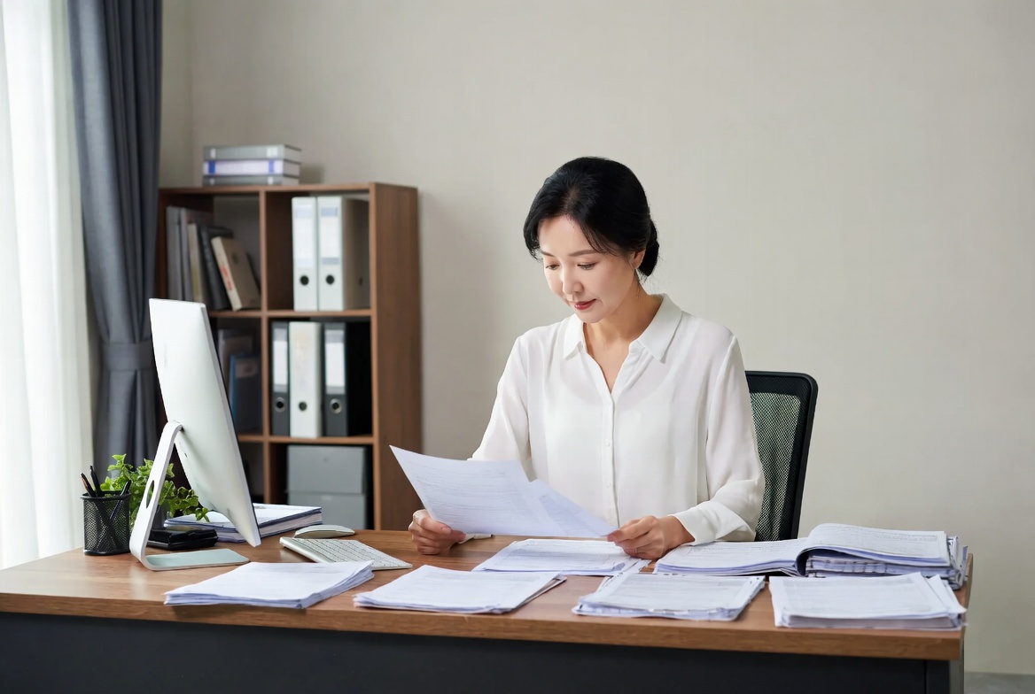 자택 서재에서 금전소비대차 계약서와 계좌 이체 증빙 서류를 체계적으로 편철하는 모습
