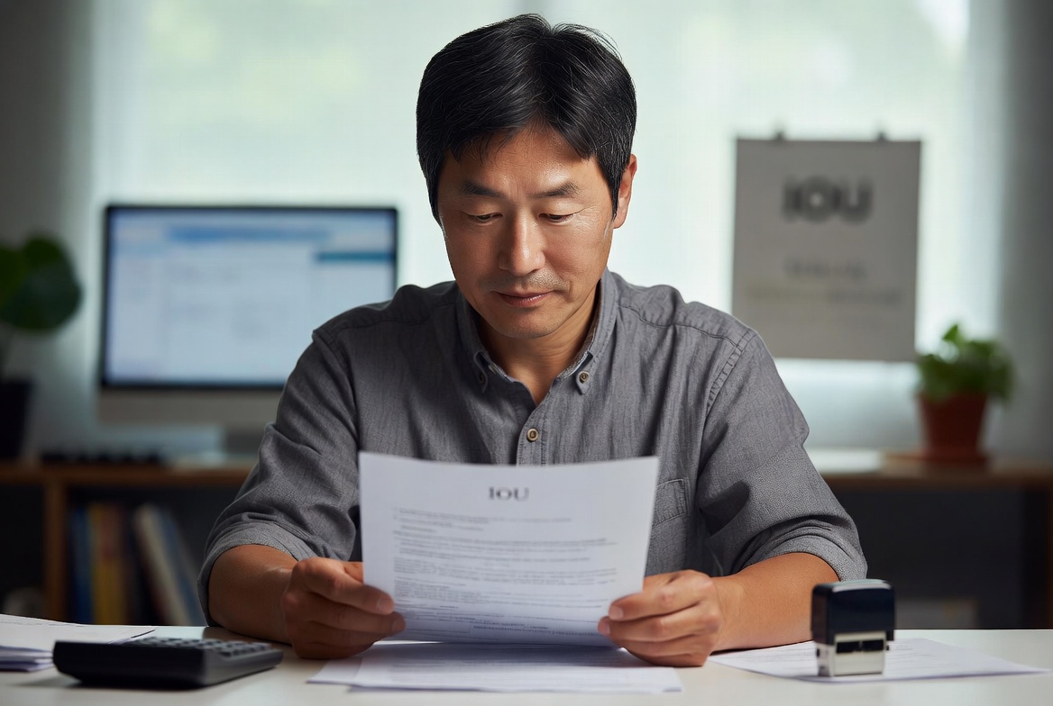가족 간 차용증 서류에 도장을 찍으며 자금 계획을 검토하는 장면