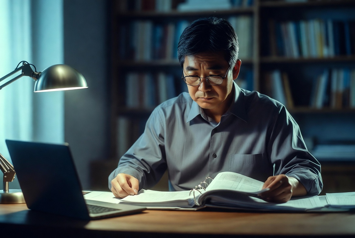 조용한 개인 서재에서 중년의 법인 대표가 법인 정관과 세무조사 소명 서류 바인더를 진지하게 검토하는 모습
