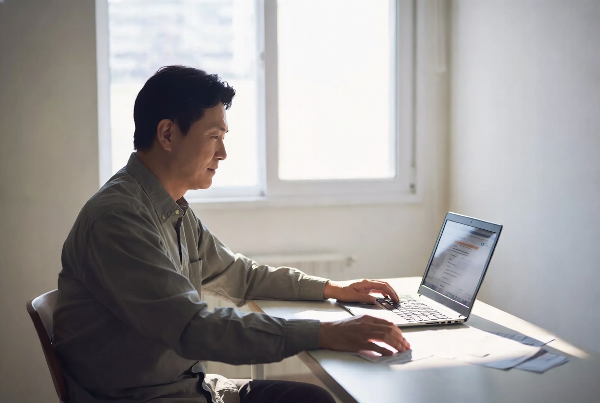 집안 책상에 앉아 흩어진 부채를 노트북으로 통합하고 안도하는 40대 남성