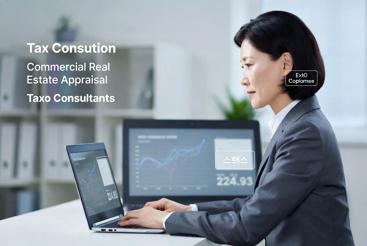세무사 상담실에서 노트북 화면에 띄워진 꼬마빌딩 감정평가액과 증여세 시뮬레이션 데이터를 면밀히 검토하는 모습