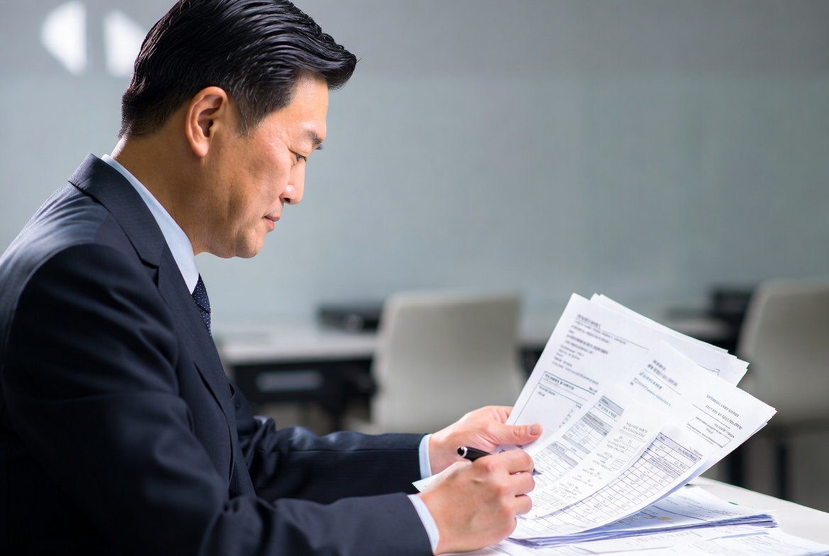 세무 전문가가 기업의 매입 세금계산서와 실제 자금 이체 내역을 교차 검토하는 모습