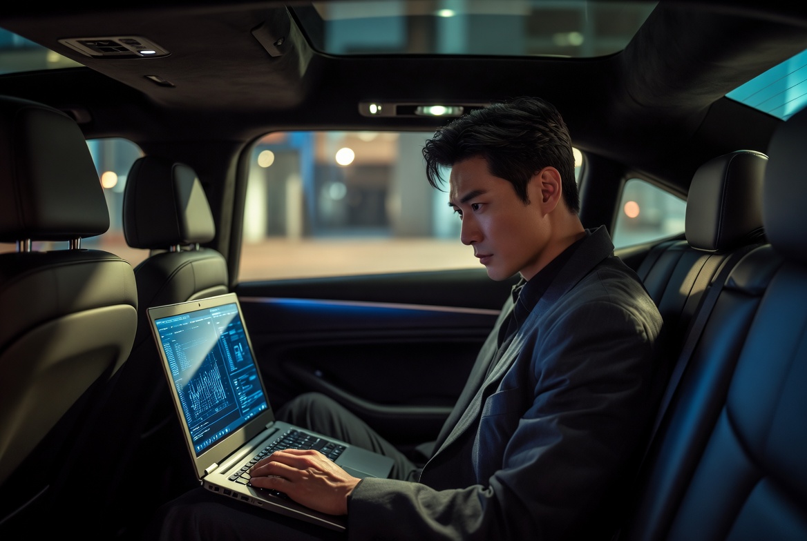 달리는 세단 뒷좌석에서 랩탑으로 리스크 지표를 분석하는 30대 엘리트 전문가의 시네마틱 컷
