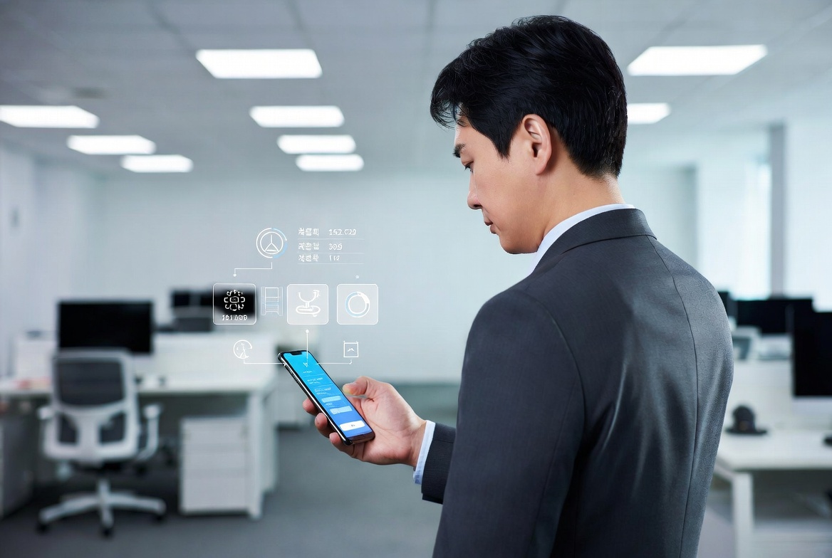 오피스에서 스마트폰을 활용해 사업용 금융 거래 내역과 지출 증빙을 체계적으로 분류하는 모습