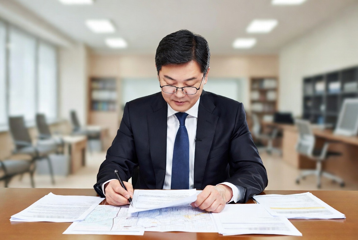 세무 전문가가 공익사업 편입 토지의 지적도와 보상금 산정 내역을 바탕으로 양도소득세 감면율을 검토하는 모습