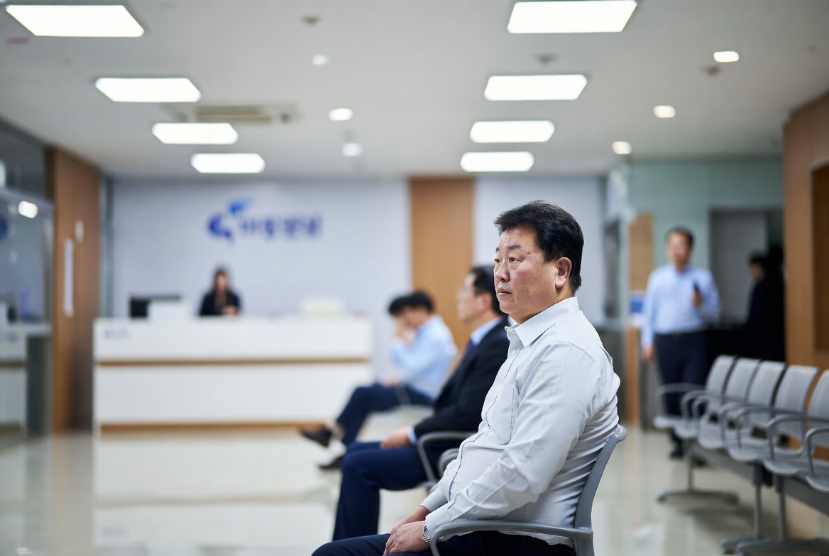 45~55세 한국 남성이 관공서 로비 창구에서 압류방지 통장 관련 안내를 대기하는 와이드 씬