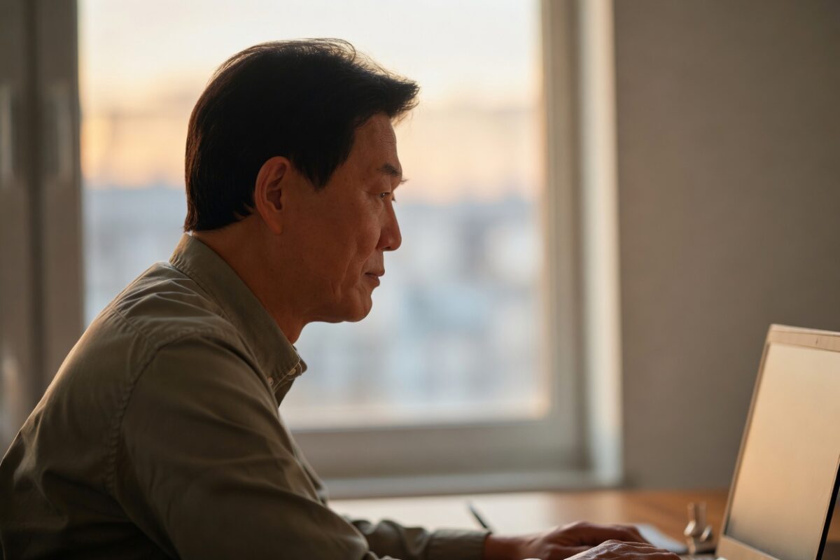 45~55세 한국 남성이 자택 서재에서 차분하고 결연한 표정으로 노트북 화면을 확인하는 측면 모습