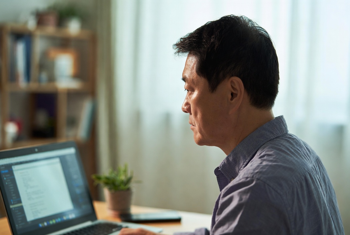 45~55세 한국 남성이 자택 서재에서 진지하고 집중한 표정으로 노트북 화면을 확인하는 측면 모습
