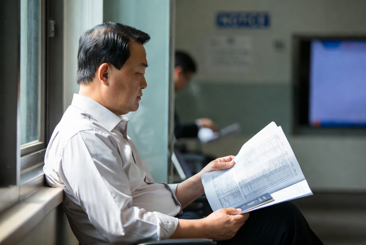 45~55세 한국 남성이 관공서 대기실 창가에 앉아 이민 관련 세무 서류와 여권을 집중해서 검토하는 모습