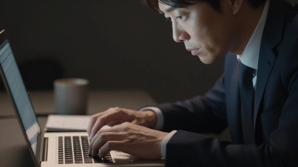 45~55세 한국 남성의 손과 팔뚝을 클로즈업하여 책상 위에서 메모장과 키보드로 집중해서 작업하는 모습