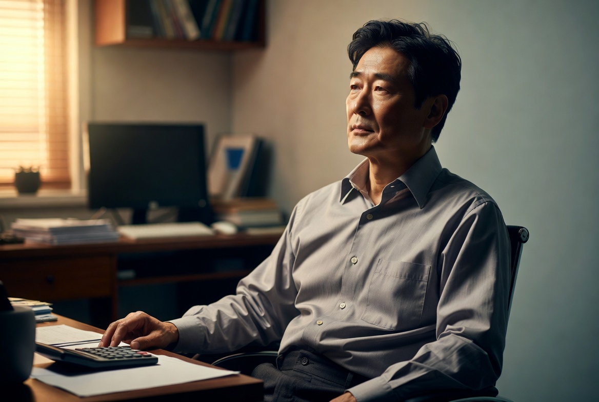 45~55세 한국 남성이 서재에서 증여세율 구간을 분석하며 자녀와 사위에게 재산을 분산 이전하는 전략을 결정하는 모습