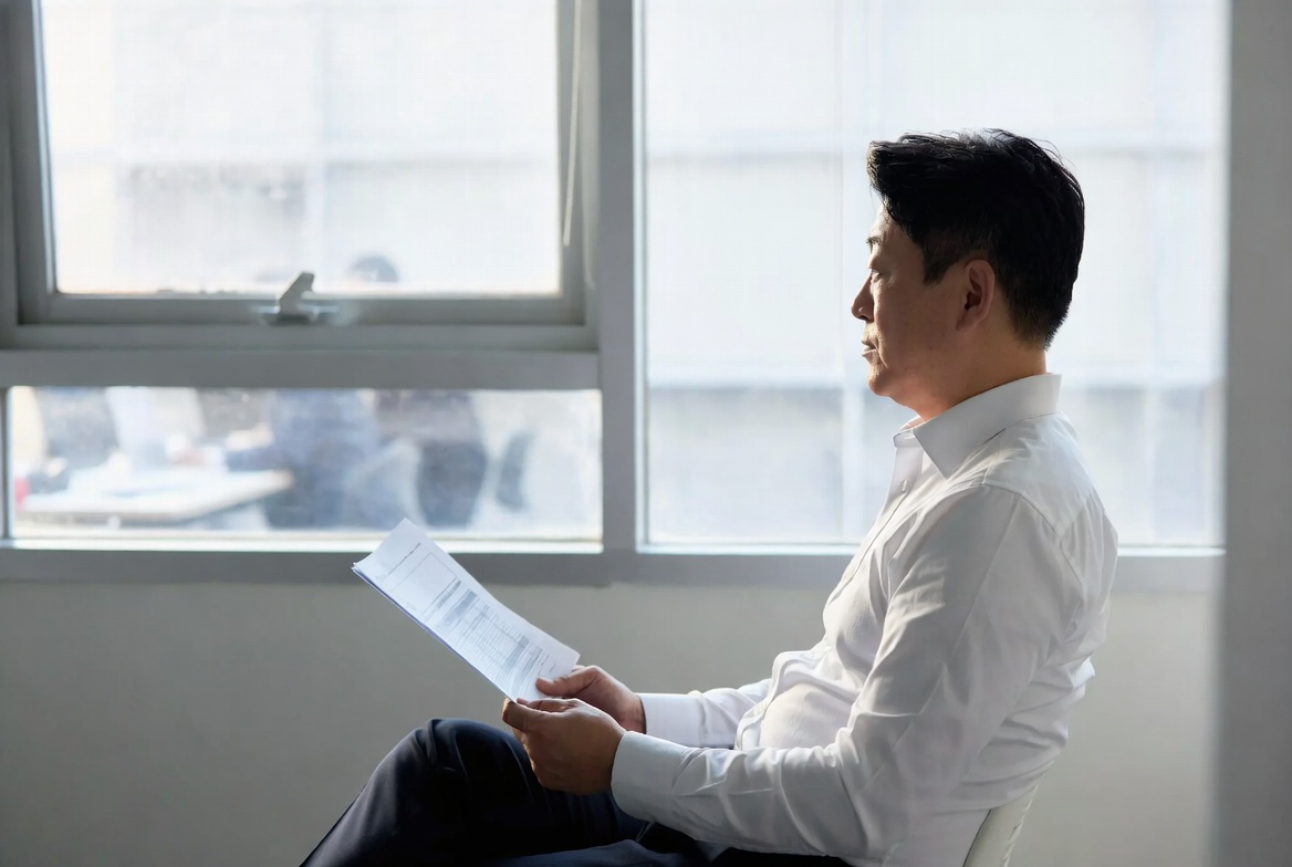 45~55세 한국 남성이 회의실 창가에 앉아 세무 서류를 들고 집중하여 검토하는 장면
